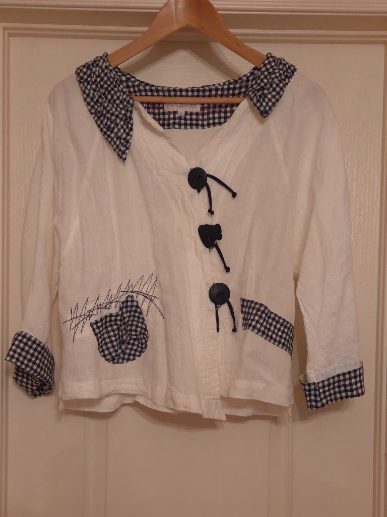 Mara Gibbucci White/Black Applique Asymmetric Linen Jacket Size L